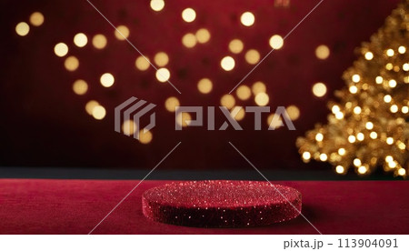 Podium, Lights, Display: illuminated background with podium for product display. golden lights create bokeh in background. Celebration card or romantic events invitation. Valentine day 113904091