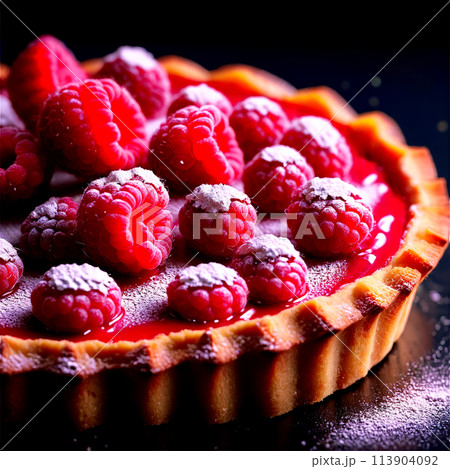 Raspberry almond tart crimson berries nestled in frangipane powdered sugar dusting Food and Culinary concept 113904092