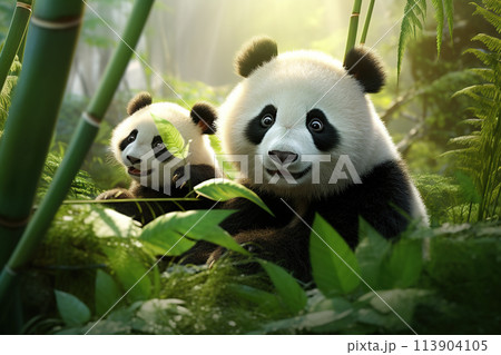 Panda bear family enjoying bamboo feast in the bamboo forest, showcasing the adorable black and white mammal in its natural habitat amidst lush bamboo forest. Wild Animals. Generative AI. 113904105