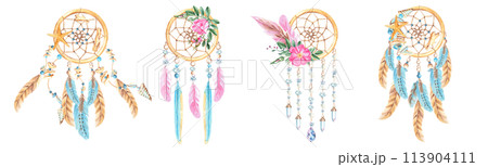 Dream catchers set with feathers, sea shell and sea star, crystals, beads and rose hip, dog rose flowers and branches. Watercolor hand drawn illustration isolated on white background. Bohemian 113904111