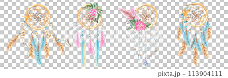 Dream catchers set with feathers, sea shell and sea star, crystals, beads and rose hip, dog rose flowers and branches. Watercolor hand drawn illustration isolated on white background. Bohemian 113904111