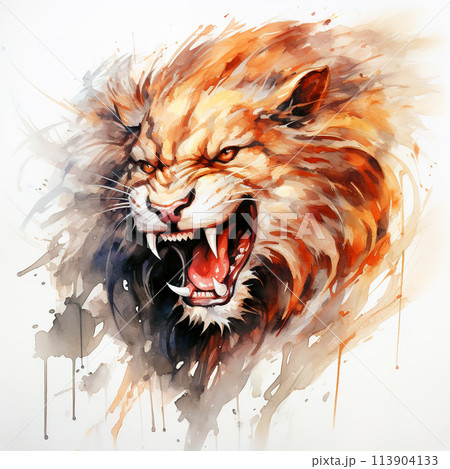 Watercolor painting of lion head on a clean background. Wildlife Animals. Illustration, Generative AI. 113904133