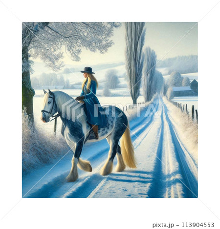 芦毛馬に騎乗し帰路につく青いコートを着た女性 雪景色 青い馬の