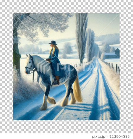 一個穿著藍色外套的女人騎著蘆葦馬在回家的路上。 113904553