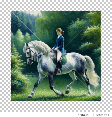 A young woman riding a beautiful blue horse, trot, profile, no riding hat, Generative AI 113904564