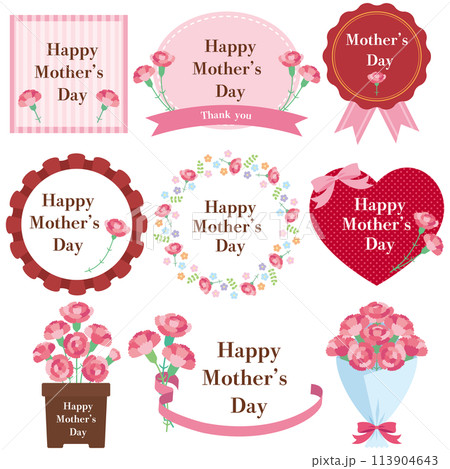 母の日のカーネーションのかわいいフレーム9種セットのイラスト 113904643