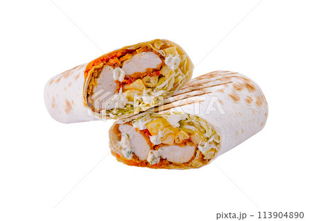 Chicken wrap sandwich cut in half isolated on white Chicken wrap sandwich cut in half isolated on white 113904890