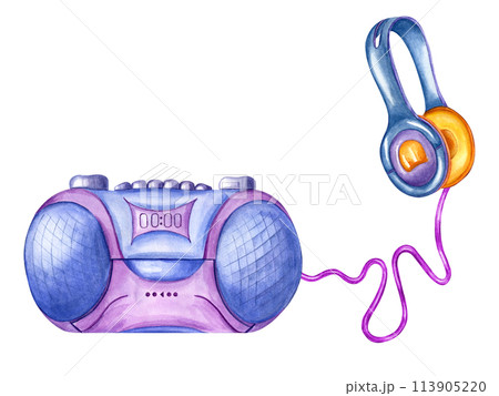 Boombox player and headphones. Tape recorder, wired Earpieces for listening to music. Retro 90s, 2000s style. Music audio accessories. Watercolor illustration for vintage postcards Boombox player and headphones. Tape recorder, wired Earpieces for listening to music. Retro 90s, 2000s style. Music audio accessories. Watercolor illustration for vintage postcards 113905220