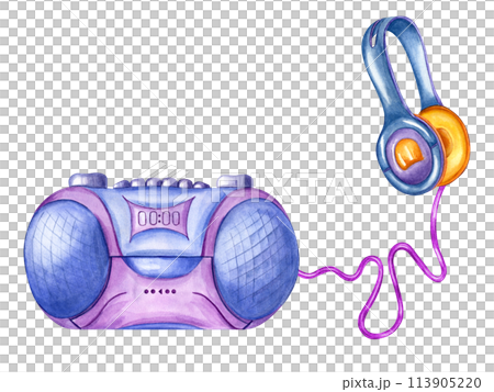 Boombox player and headphones. Tape recorder, wired Earpieces for listening to music. Retro 90s, 2000s style. Music audio accessories. Watercolor illustration for vintage postcards Boombox player and headphones. Tape recorder, wired Earpieces for listening to music. Retro 90s, 2000s style. Music audio accessories. Watercolor illustration for vintage postcards 113905220