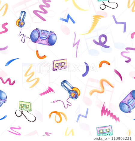 Boombox player, audio cassettes and headphones among multicolored scribble. Audio accessories for listening to music. Seamless pattern in 90s nostalgia style. Watercolor illustration 113905221