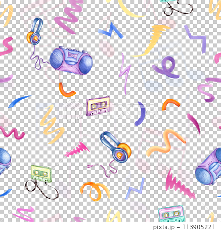 Boombox player, audio cassettes and headphones among multicolored scribble. Audio accessories for listening to music. Seamless pattern in 90s nostalgia style. Watercolor illustration 113905221