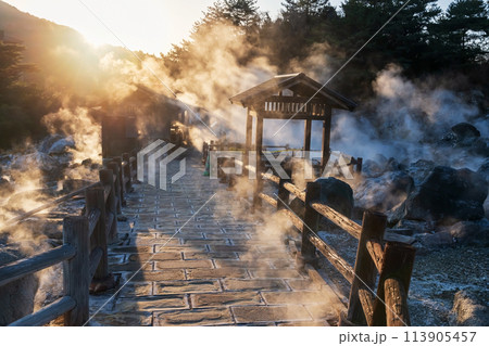 Silhouette landscape of Unzen Hell Jigoku at sunset, Nagasaki 113905457