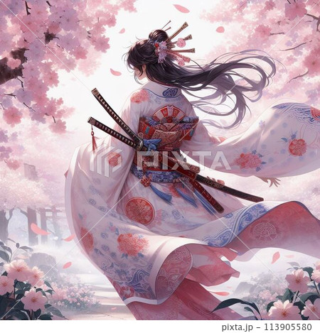 桜の花と刀を持ついる着物の女性 113905580