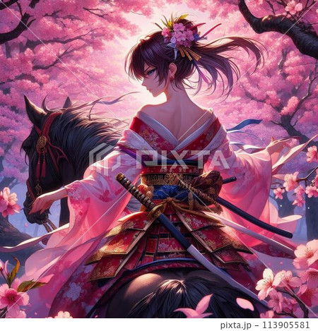 馬に乗り着崩した着物の美しい女性剣士 113905581