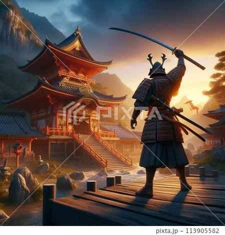 満月の夜、城に向かって刀を振り上げるサムライ 満月の夜、城に向かって刀を振り上げるサムライ 113905582