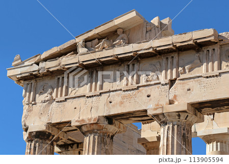Architecture detail of ancient temple in Acropolis, Greece. 113905594