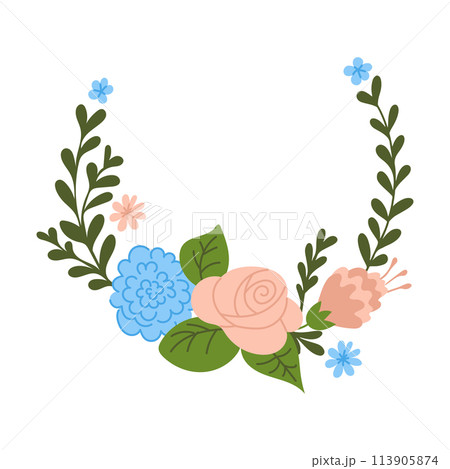 Flat stylized floral arrangement isolated on white background. Vector hand drawn flowers and leaves drawings. Good as template for wedding and greeting card or decoration Flat stylized floral arrangement isolated on white background. Vector hand drawn flowers and leaves drawings. Good as template for wedding and greeting card or decoration 113905874