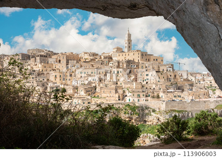 Scenic view of historic downtown with its cathedral, photo taken from a cave house, Southern Italy Scenic view of historic downtown with its cathedral, photo taken from a cave house, Southern Italy 113906003