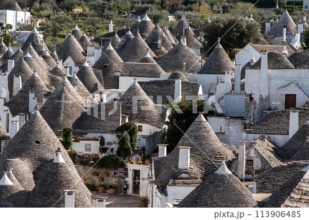Scenic view over the historic Trulli district in Alberobello, Southern Italy Scenic view over the historic Trulli district in Alberobello, Southern Italy 113906485
