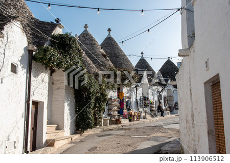 Iconic residential houses in historic Trulli district in Alberobello, Southern Italy 113906512