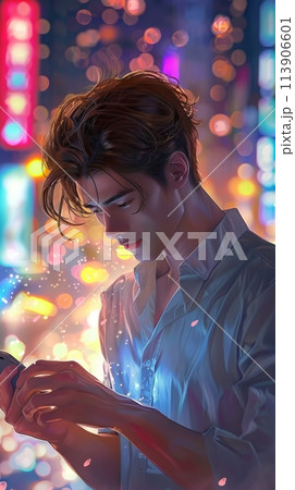 Young man using smartphone on the street, modern gadgets 113906601
