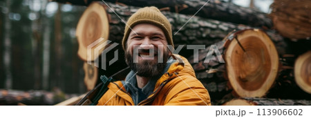 Male lumberjack woodcutter with a saw in his hands against the background of a cut tree 113906602