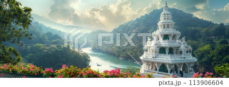 White majestic Hindu temple with jungle and mountains in the background, banner 113906604