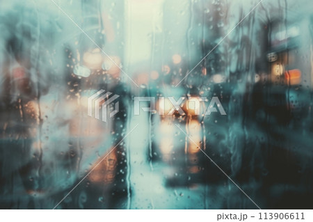 Blurred shop windows from the street in rainy weather, shopping concept in a supermarket 113906611