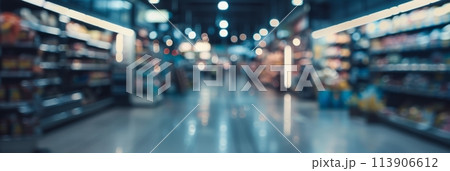 Blurred shelves in a store with goods, shopping concept in a supermarket, banner 113906612