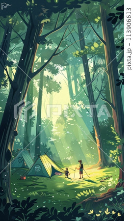 Tent camp in the forest, Boy Scouts and Girl Scouts survive in the forest, illustration 113906613