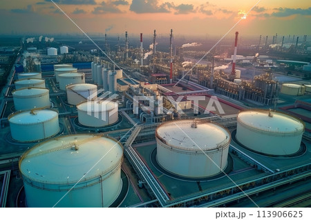 Oil and gas refinery with oil storage tanks and petrochemical plant infrastructure 113906625