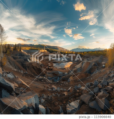 Gold mining, open pit with waste sand and earth for gold ore mining, mining of minerals and ores and precious metals 113906640