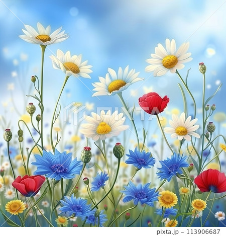 Summer wild field with wildflowers daisies and cornflowers and poppies in the rays of the sun 113906687