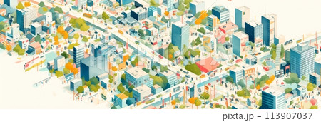 Bright colorful map of a city with houses and streets, watercolor illustration, banner 113907037