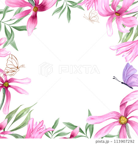 Pink magnolia, green leaves and fluttering butterflies. Spring flowers. Square romantic frame with copy space for text. Watercolor illustration. For postcards, invitation, greetings 113907292