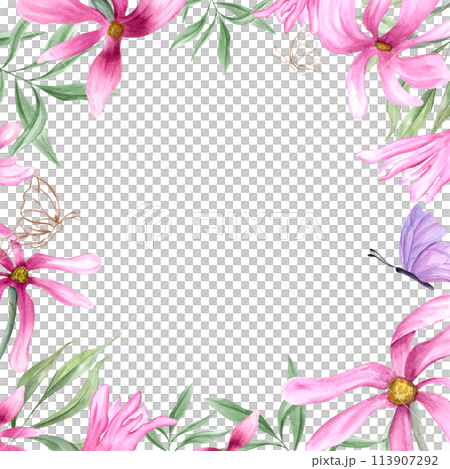 Pink magnolia, green leaves and fluttering butterflies. Spring flowers. Square romantic frame with copy space for text. Watercolor illustration. For postcards, invitation, greetings 113907292
