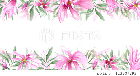 Spring delicate pink flowers. Horizontal long frame of magnolia flowers. Abstract plants, green leaves. Copy space for text. Watercolor illustration for postcards, invitation, greetings Spring delicate pink flowers. Horizontal long frame of magnolia flowers. Abstract plants, green leaves. Copy space for text. Watercolor illustration for postcards, invitation, greetings 113907293