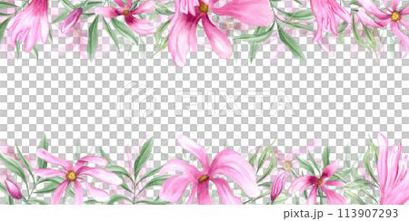 Spring delicate pink flowers. Horizontal long frame of magnolia flowers. Abstract plants, green leaves. Copy space for text. Watercolor illustration for postcards, invitation, greetings Spring delicate pink flowers. Horizontal long frame of magnolia flowers. Abstract plants, green leaves. Copy space for text. Watercolor illustration for postcards, invitation, greetings 113907293