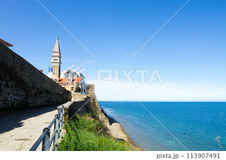 Piran shoreline in summer season landscape 113907491