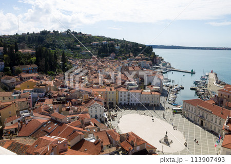Piran main square aerial view, Slovenia 113907493