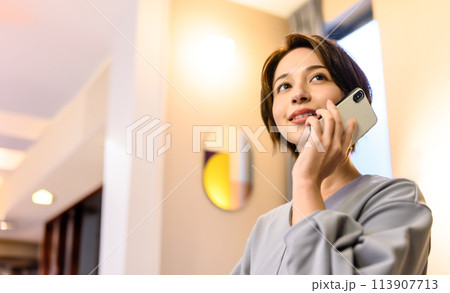 スマホを使うエレガントな女性 113907713