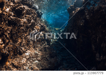 Underwater scene with rocks, corals and sun light. Tropical blue sea 113907779