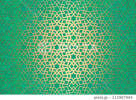Abstract background with islamic ornament, arabic geometric texture. Golden lined tiled motif. Abstract background with islamic ornament, arabic geometric texture. Golden lined tiled motif. 113907904