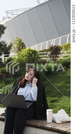 Young happy caucasian business woman or student talking having hybrid work meeting, online class, giving presentation or webinar using laptop computer online technology sitting in city park. 113908022