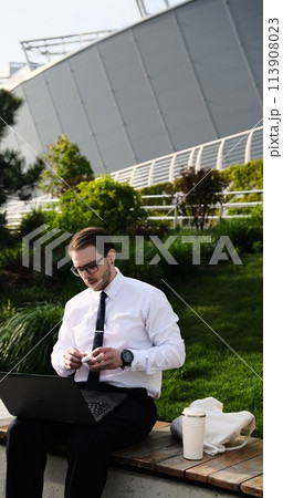 male freelancer working remotely online with headphones and laptop video call conference or distances meeting Male in city park on a bench a modern urban background, outside, outdoors 113908023