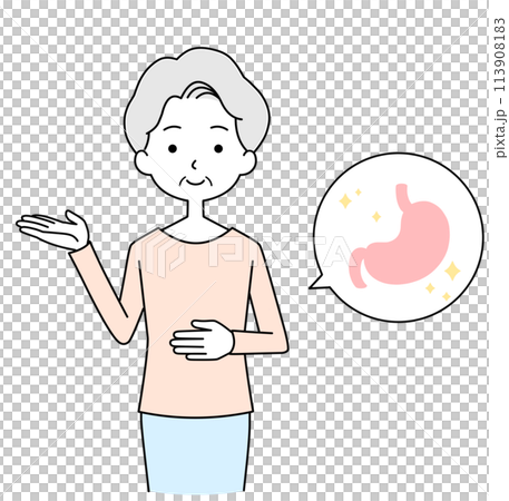 Illustration of a senior woman with a healthy stomach Illustration of a senior woman with a healthy stomach 113908183