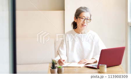 自宅で勉強するグレーヘアのミドルシニア女性 113908309
