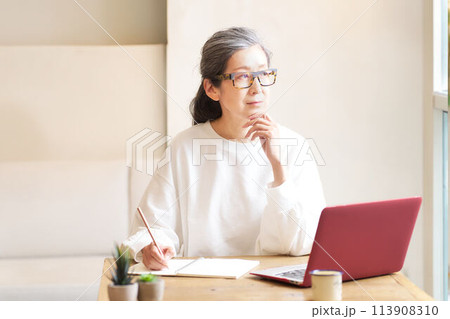 自宅で勉強するグレーヘアのミドルシニア女性 113908310