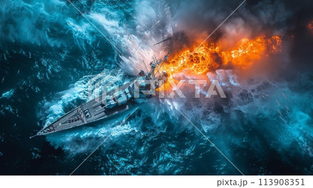 A solitary boat braving the vast expanse of water, navigating through uncertainty and adventure as it journeys onwards. 113908351