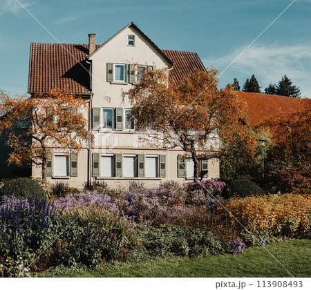 House with nice garden in fall. Flowers in the City Park of Bietigheim-Bissingen, Baden-Wuerttemberg, Germany, Europe. Autumn Park and house, nobody, bush and grenery 113908493